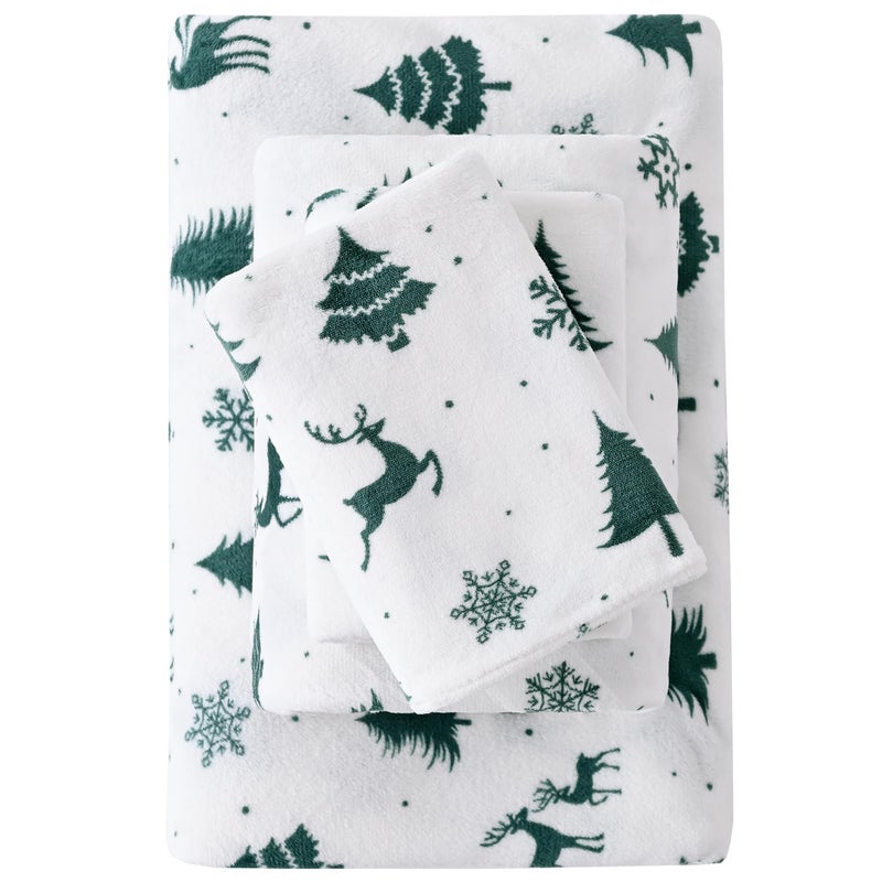 Viviland Micro Fleece Full Bed Sheet Set, Christmas Holiday Flannel-Like Polar Fleece Fitted Sheets with 15" Deep Pocket, Warm Winter Sheets & Pillowcase Set, Green Deer Snowflake Printed Pattern - Image 1
