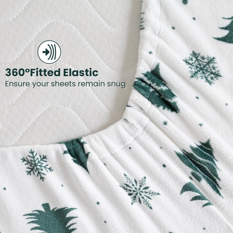 Viviland Micro Fleece Full Bed Sheet Set, Christmas Holiday Flannel-Like Polar Fleece Fitted Sheets with 15" Deep Pocket, Warm Winter Sheets & Pillowcase Set, Green Deer Snowflake Printed Pattern - Image 3