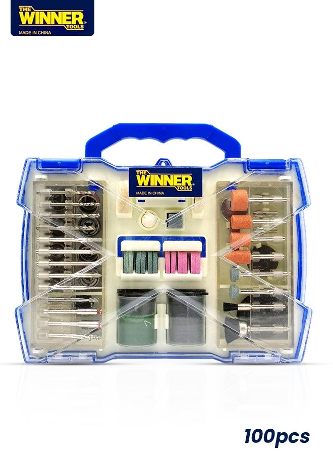 Winner 100Pcs Rotary Tool Accessories Kit Set for Grinding Polishing Sanding Cutting Drilling Carving Engraving, Universal Fit for Dremel & Major Brands, HSS Drill Bits, Grinding Wheels, Sanding Bands, Mandrels, Wood Metal Stone Glass DIY Craft Kit - Image 1