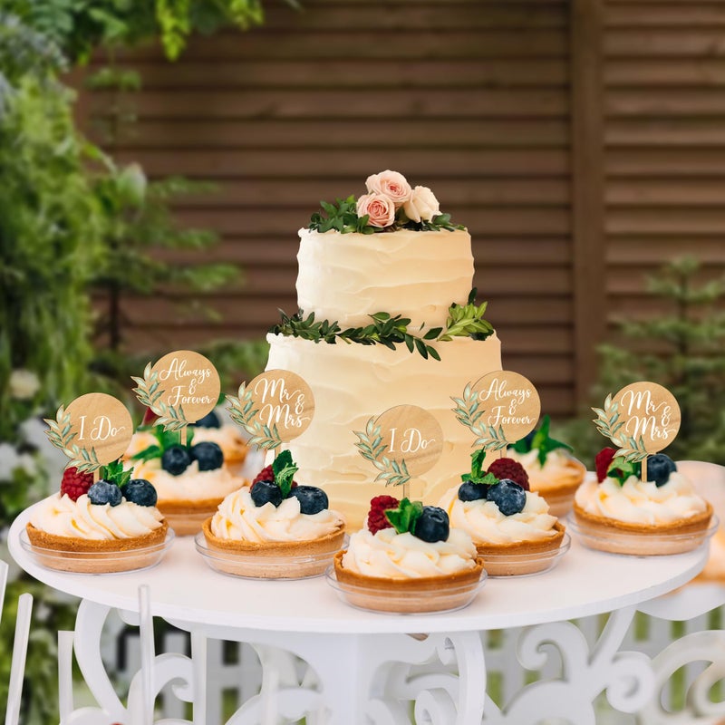 Party to Be 12 PCS Wedding Cupcake Toppers Green Mr & Mrs Wedding Cake Cupcake Decorations in Wood - Image 4