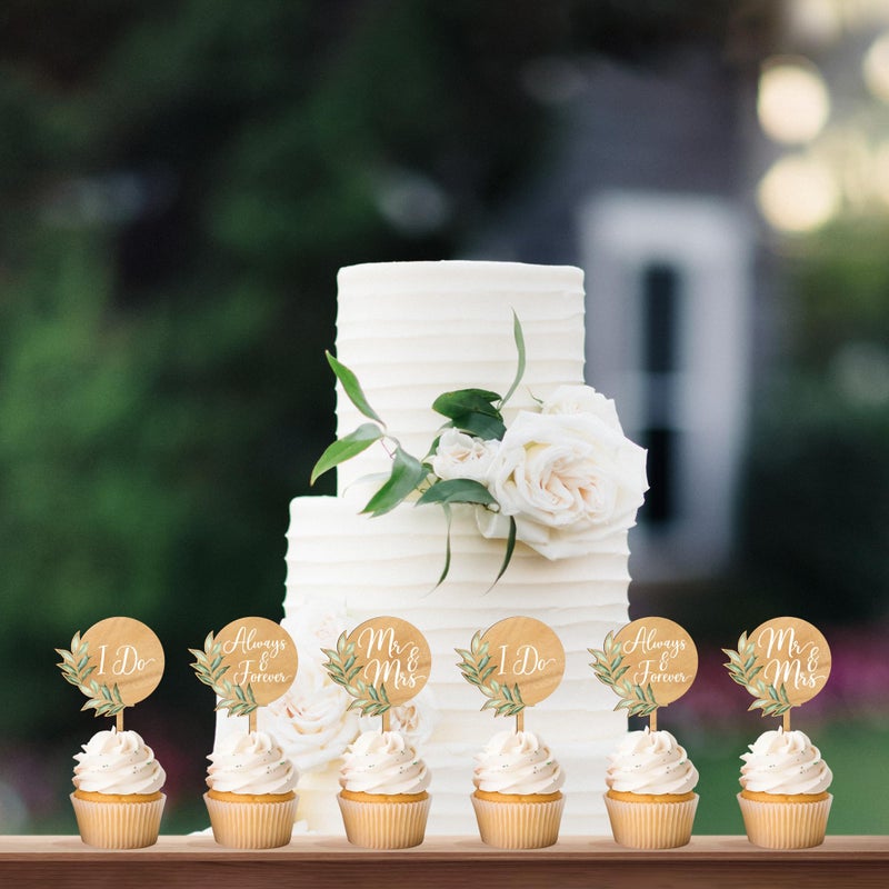 Party to Be 12 PCS Wedding Cupcake Toppers Green Mr & Mrs Wedding Cake Cupcake Decorations in Wood - Image 5