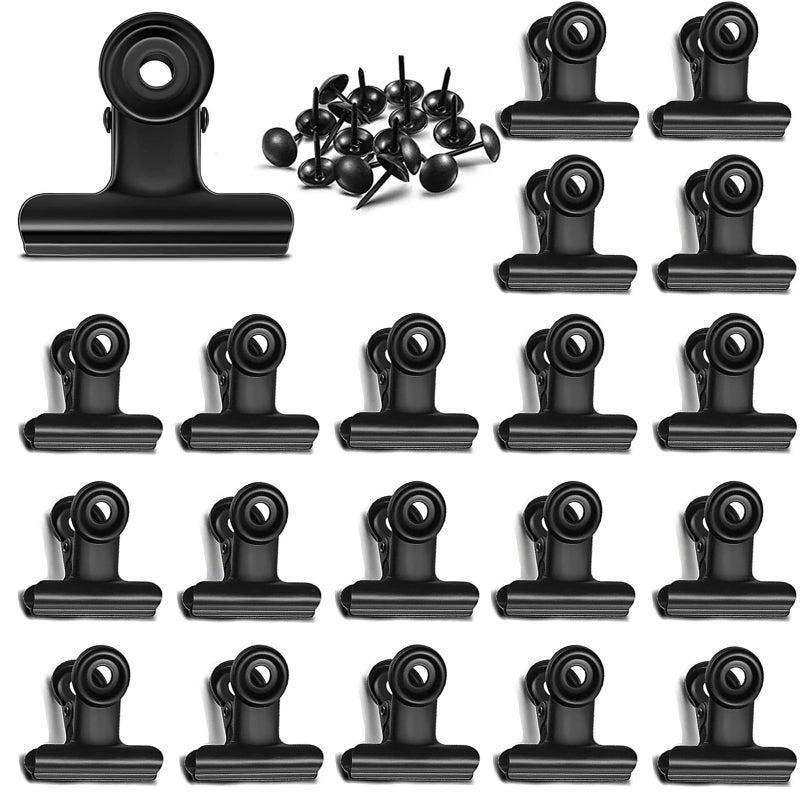 YUCHIYA 20 Pack Metal Clips with 20 Push-pins for Corkboard,Bulldog Clips for Hanging Pictures,Small Hinge Clips for Photos Crafts,Mini Binder Clips Paper File Clamps for Office(Black,1.2inch) - Image 1
