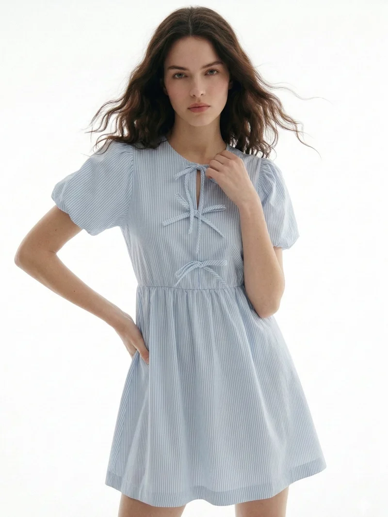Outzidr  Blue Puff Sleeve Bow-Tie Dress for Women | Best Price UAE