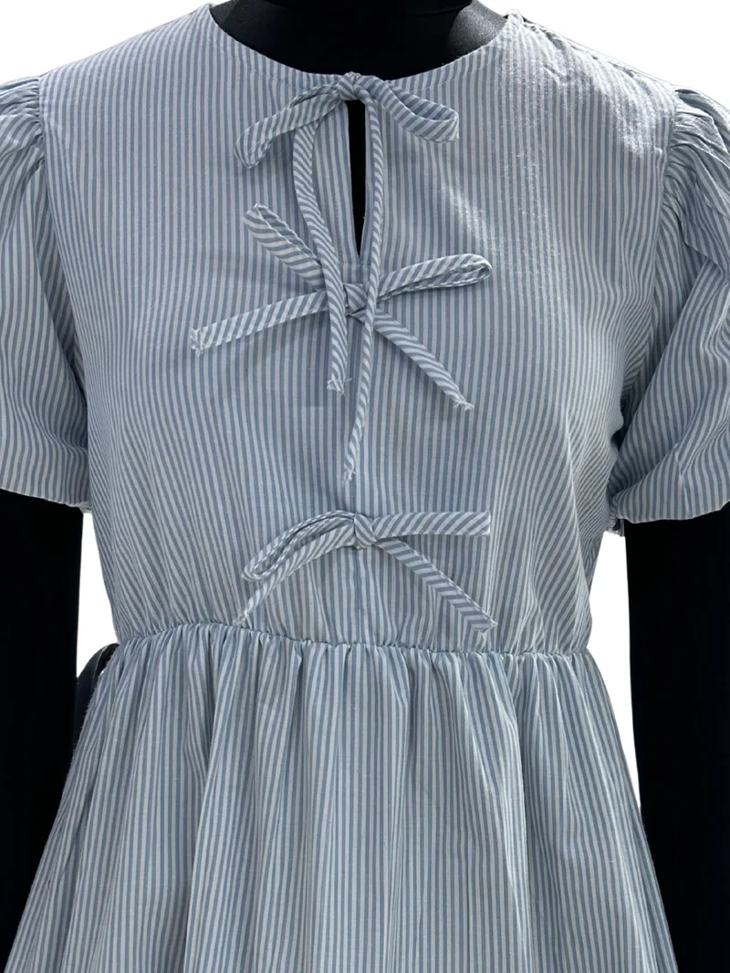 Outzidr  Blue Puff Sleeve Bow-Tie Dress for Women | Best Price UAE