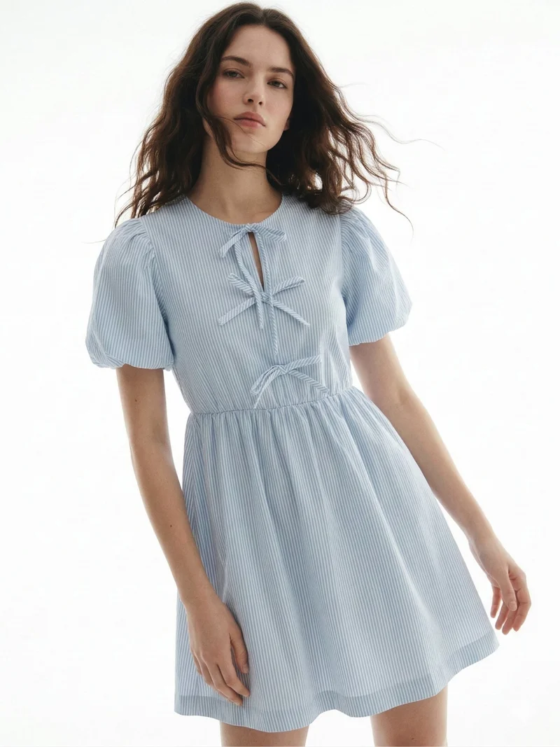 أوجيدر Blue Puff Sleeve Bow-Tie Dress
