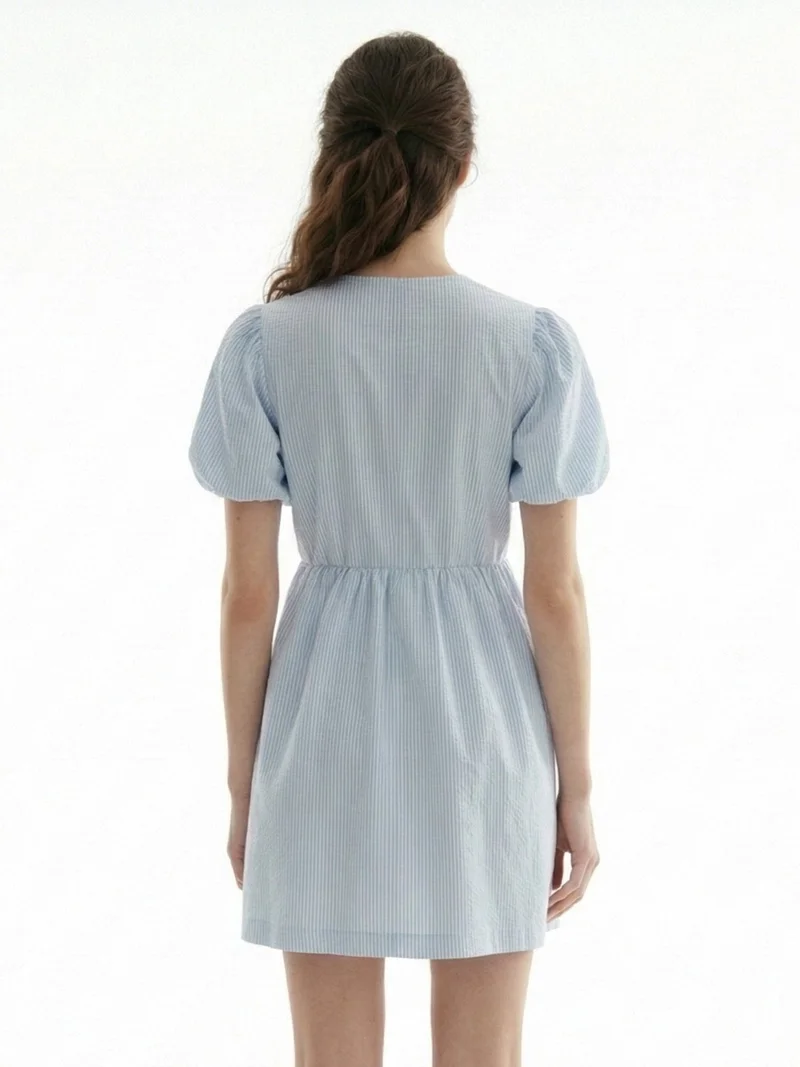 Outzidr  Blue Puff Sleeve Bow-Tie Dress for Women | Best Price UAE