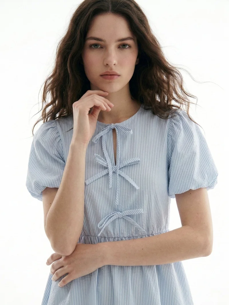 أوجيدر Blue Puff Sleeve Bow-Tie Dress