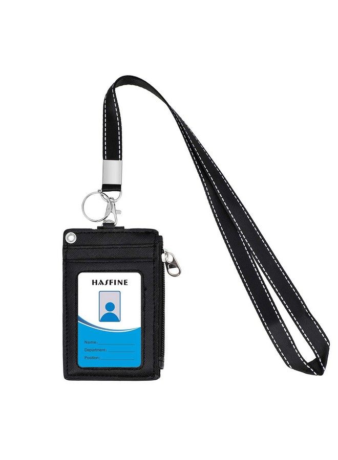 HASFINE 2 Pack Id Badge Holder With Keychain Lanyard Zipper Pocket Pu Leather Credit Card Holder Wallet With 5 Card Slots Id Holder For Teens Office Staff(Black & Gray) - Image 4