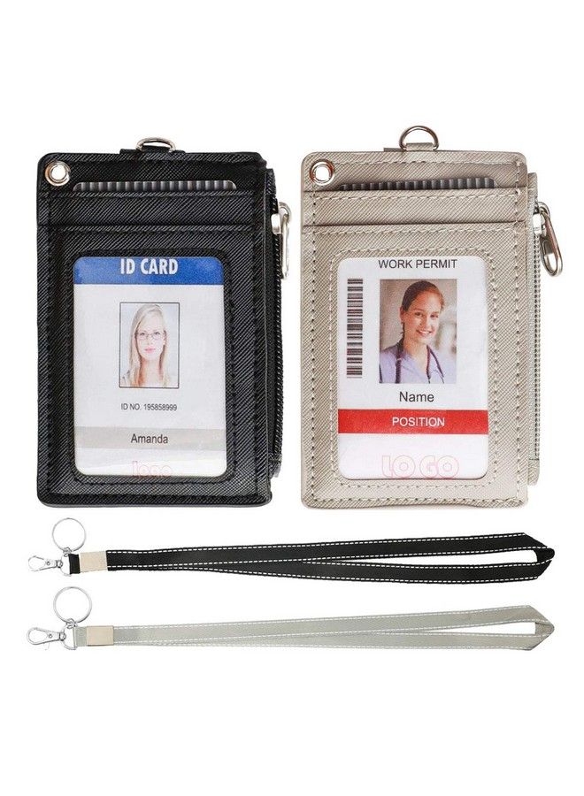 HASFINE 2 Pack Id Badge Holder With Keychain Lanyard Zipper Pocket Pu Leather Credit Card Holder Wallet With 5 Card Slots Id Holder For Teens Office Staff(Black & Gray) - Image 2