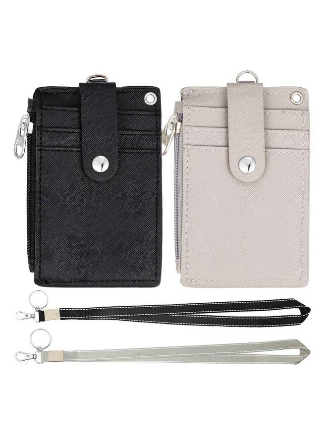 HASFINE 2 Pack Id Badge Holder With Keychain Lanyard Zipper Pocket Pu Leather Credit Card Holder Wallet With 5 Card Slots Id Holder For Teens Office Staff(Black & Gray) - Image 3