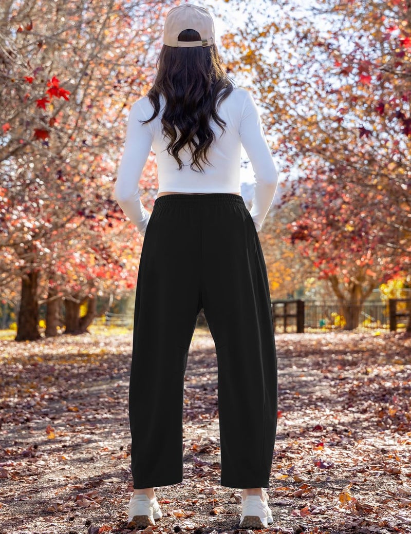 TARSE Barrel Sweatpants for Women Cotton Elastic High Waisted Drawstring Loose Pants with Pockets, Black XL - Image 5