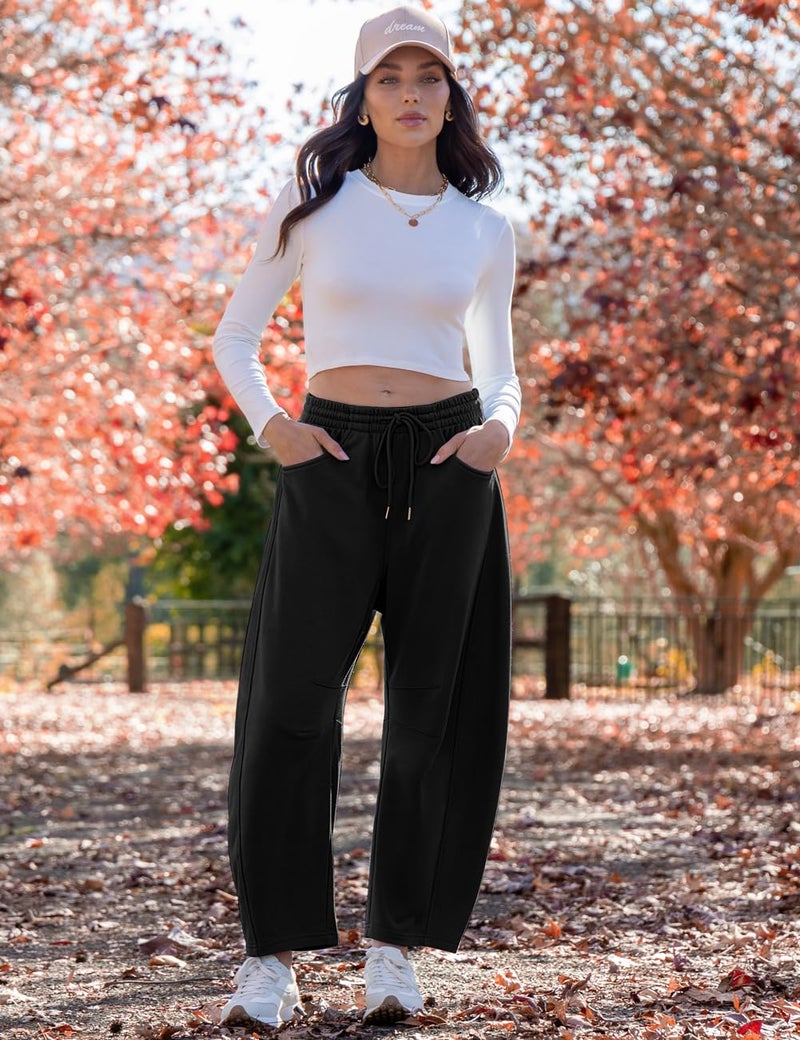 TARSE Barrel Sweatpants for Women Cotton Elastic High Waisted Drawstring Loose Pants with Pockets, Black XL - Image 4