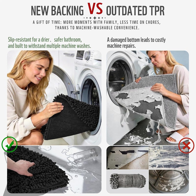 Yimobra Original Luxury Chenille Bath Mat, 60.2 x 24 Inches, Soft Shaggy and Comfortable, Large Size, Super Absorbent and Thick, Non-Slip, Machine Washable, Perfect for Bathroom, Black - Image 3