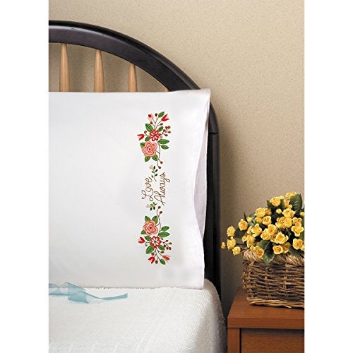 DesignWorks Ink Design Works Crafts Tobin, 20" x 30" Stamped Pillowcases for Embroidery, Love Always, White - Image 2