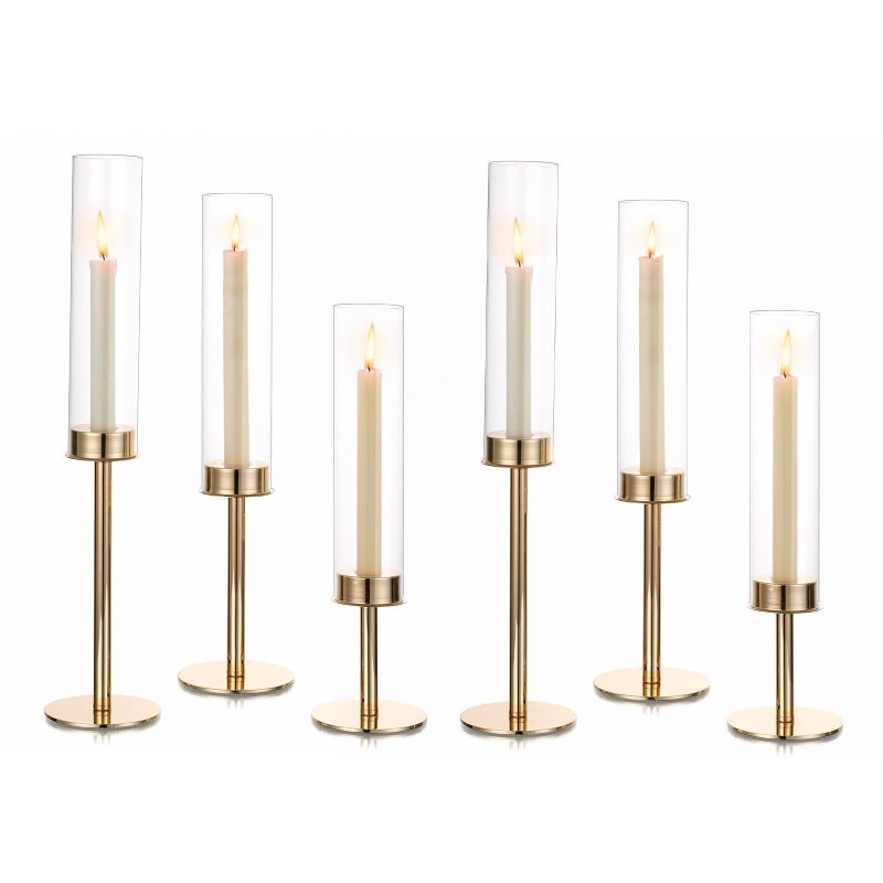Hewory Gold Candle Holders Hurricane Candlestick Holders 6Pcs Candle Stick Candle Holder Candelabra Taper Candle Holders with Glass Candle Cover for Wedding Table Centerpiece Christmas Decor