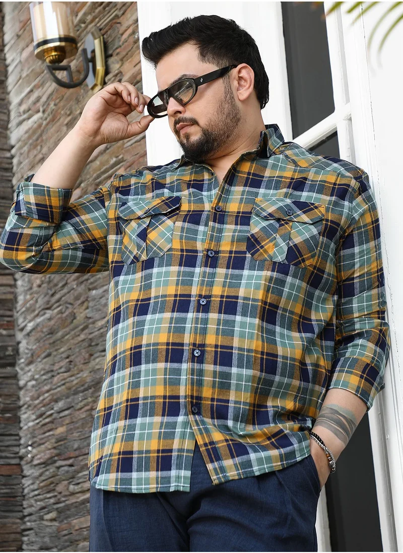 انستافاب بلس Instafab Plus Men's Cyan Blue & Lemon Yellow Tartan-Plaid Utility Shirt For Casual Wear | Spread Collar | Long Sleeves | Button Closure | Plus Size Shirt Crafted With Comfort Fit For Everyday Wear