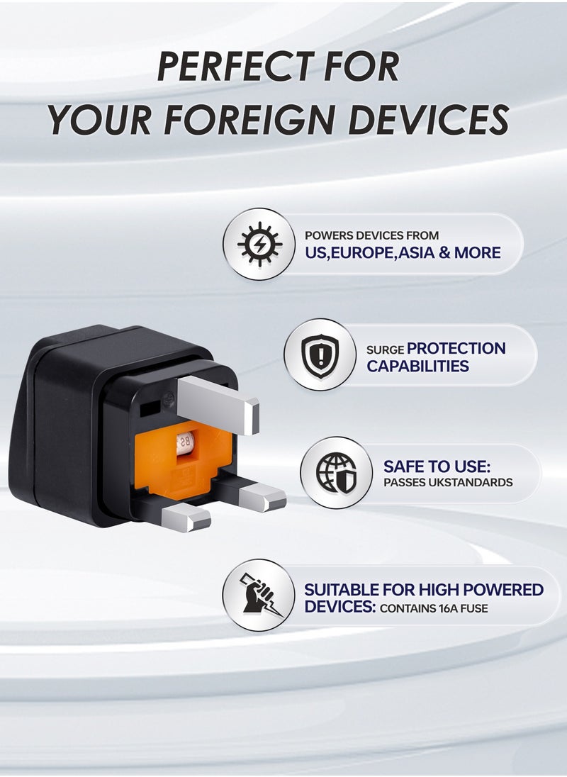 infino - World to UK Travel Adapter (3-Pack, Black) - Universal 3-Prong Power Converter, Transforms US/JP/AU/EU/CN plugs to UK - Grounded, Safe & Compact for All Devices, Includes 13A Fuse + 2 Spares - Image 1