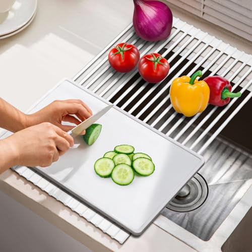 Hanzenma Roll Up Dish Drying Rack - Over The Sink, Multipurpose Foldable Sink Drying Mat, Heat-Resistant, Anti-Slip & Anti-Rust, 17" x 13", White - Image 4
