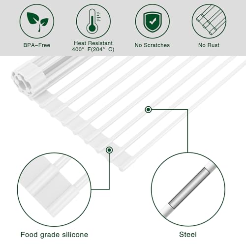 Hanzenma Roll Up Dish Drying Rack - Over The Sink, Multipurpose Foldable Sink Drying Mat, Heat-Resistant, Anti-Slip & Anti-Rust, 17" x 13", White - Image 5