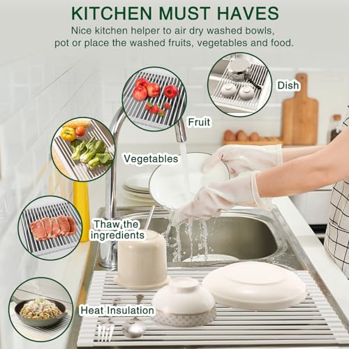 Hanzenma Roll Up Dish Drying Rack - Over The Sink, Multipurpose Foldable Sink Drying Mat, Heat-Resistant, Anti-Slip & Anti-Rust, 17" x 13", White - Image 3