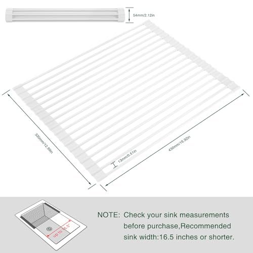 Hanzenma Roll Up Dish Drying Rack - Over The Sink, Multipurpose Foldable Sink Drying Mat, Heat-Resistant, Anti-Slip & Anti-Rust, 17" x 13", White - Image 2