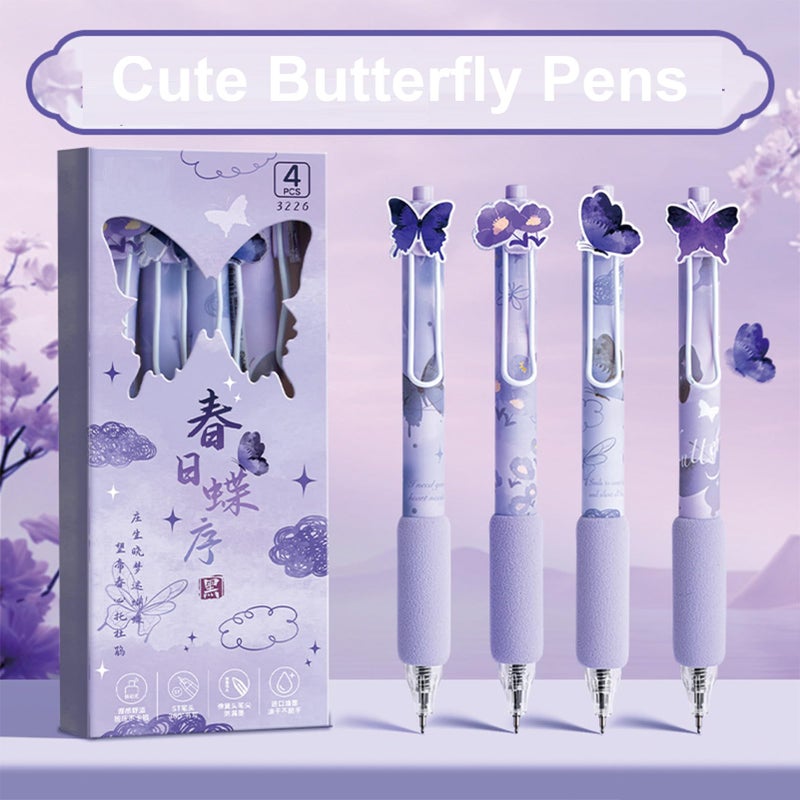 MOZXIRZ 4 Pcs Gel Pens Purple Butterfly Pens Cute Retractable Pens 0.5mm Black Ink Writing Pen for Women Girls Men Boy Pen Office School Supplies (Purple Butterfly) - Image 4