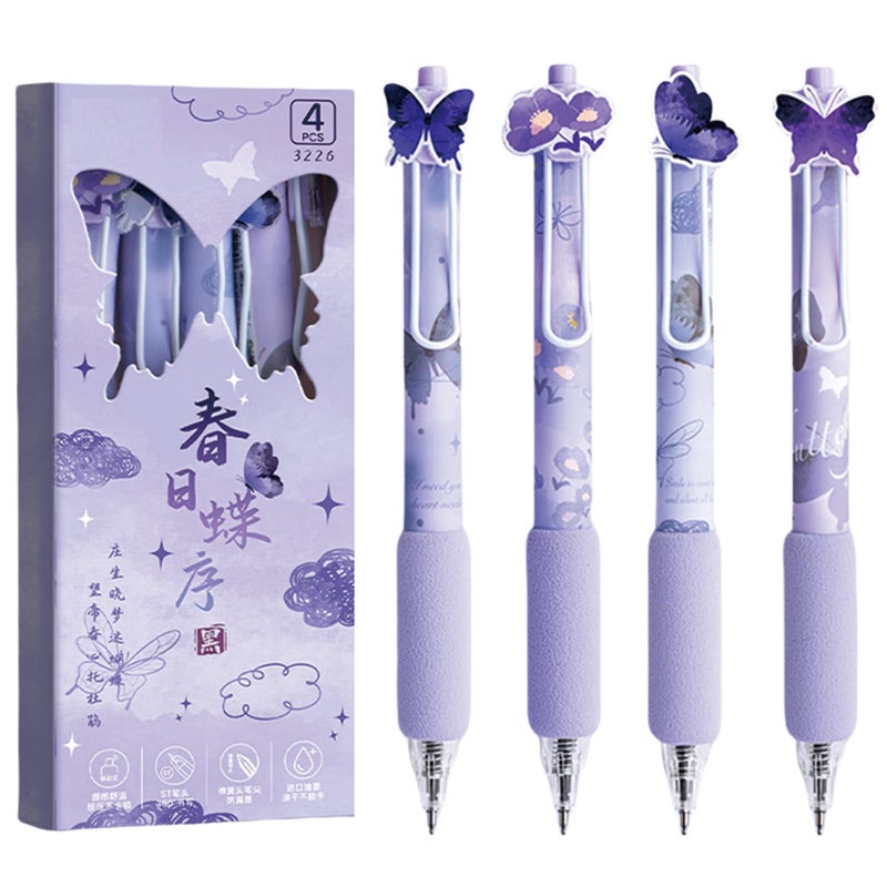 MOZXIRZ 4 Pcs Gel Pens Purple Butterfly Pens Cute Retractable Pens 0.5mm Black Ink Writing Pen for Women Girls Men Boy Pen Office School Supplies (Purple Butterfly) - Image 1