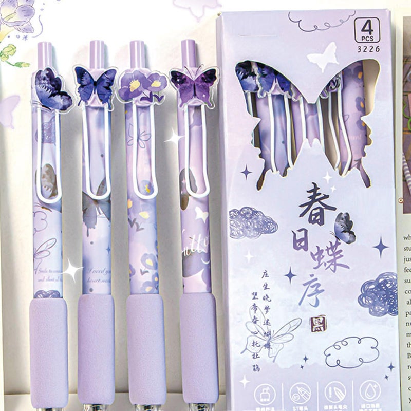 MOZXIRZ 4 Pcs Gel Pens Purple Butterfly Pens Cute Retractable Pens 0.5mm Black Ink Writing Pen for Women Girls Men Boy Pen Office School Supplies (Purple Butterfly) - Image 2