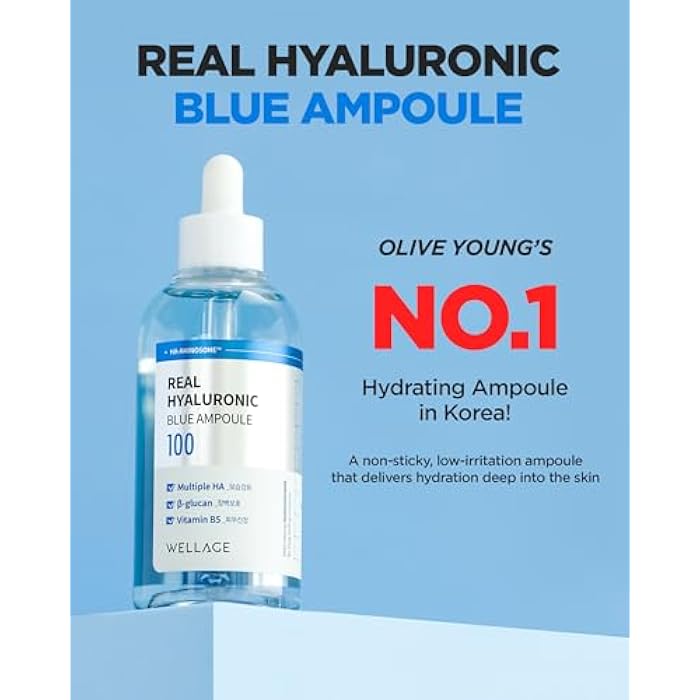 WELLAGE Real Hyaluronic Blue Ampoule 100, Korean Hydrating Serum for Face, Fragrance Free Hyaluronic Acid Deep Moisturizing Serum with Panthenol for Sensitive Dry Skin Moisturizer (2.54 fl.oz_R) - Image 2