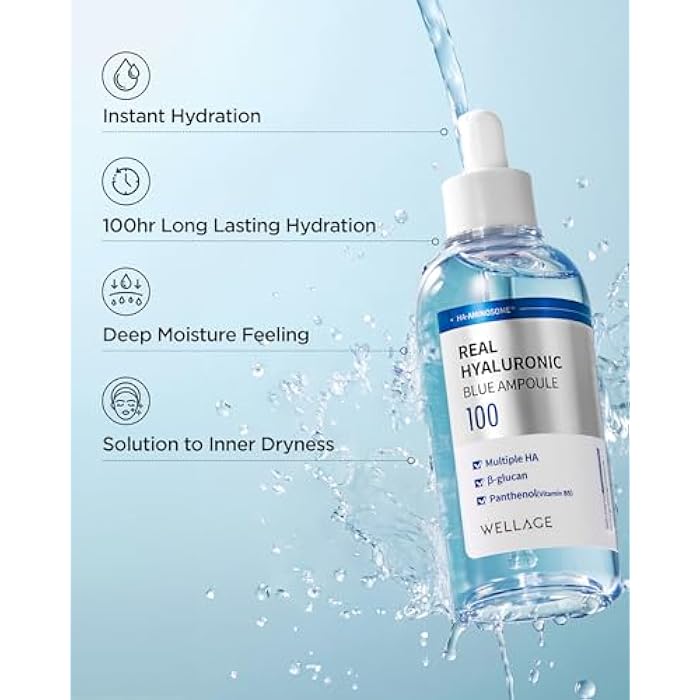 WELLAGE Real Hyaluronic Blue Ampoule 100, Korean Hydrating Serum for Face, Fragrance Free Hyaluronic Acid Deep Moisturizing Serum with Panthenol for Sensitive Dry Skin Moisturizer (2.54 fl.oz_R) - Image 4