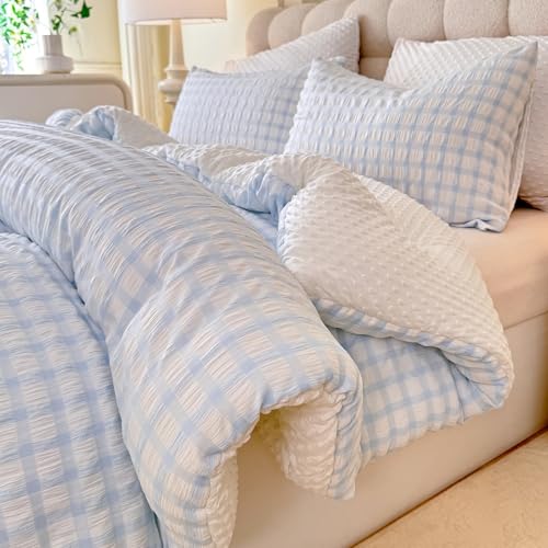 tohrisa Boho Comforter Set Twin Size - 2 Pieces Lightweight Jacquard Seersucker Bedding Sets (1 Soft Fluffy Grid Comforter & 1 Pillowcase) - All Seasons Cozy Modern Bed Set(68"x90" Light Blue) - Image 1