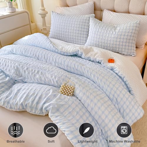 tohrisa Boho Comforter Set Twin Size - 2 Pieces Lightweight Jacquard Seersucker Bedding Sets (1 Soft Fluffy Grid Comforter & 1 Pillowcase) - All Seasons Cozy Modern Bed Set(68"x90" Light Blue) - Image 4
