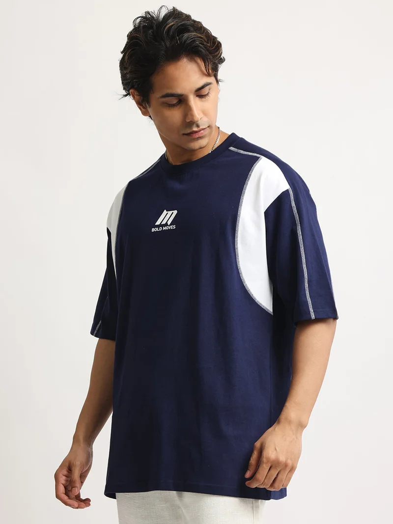 Maniac Maniac Mens Puff Printed Round Neck Half Sleeve Cream and Dark Grey Cotton Tshirt