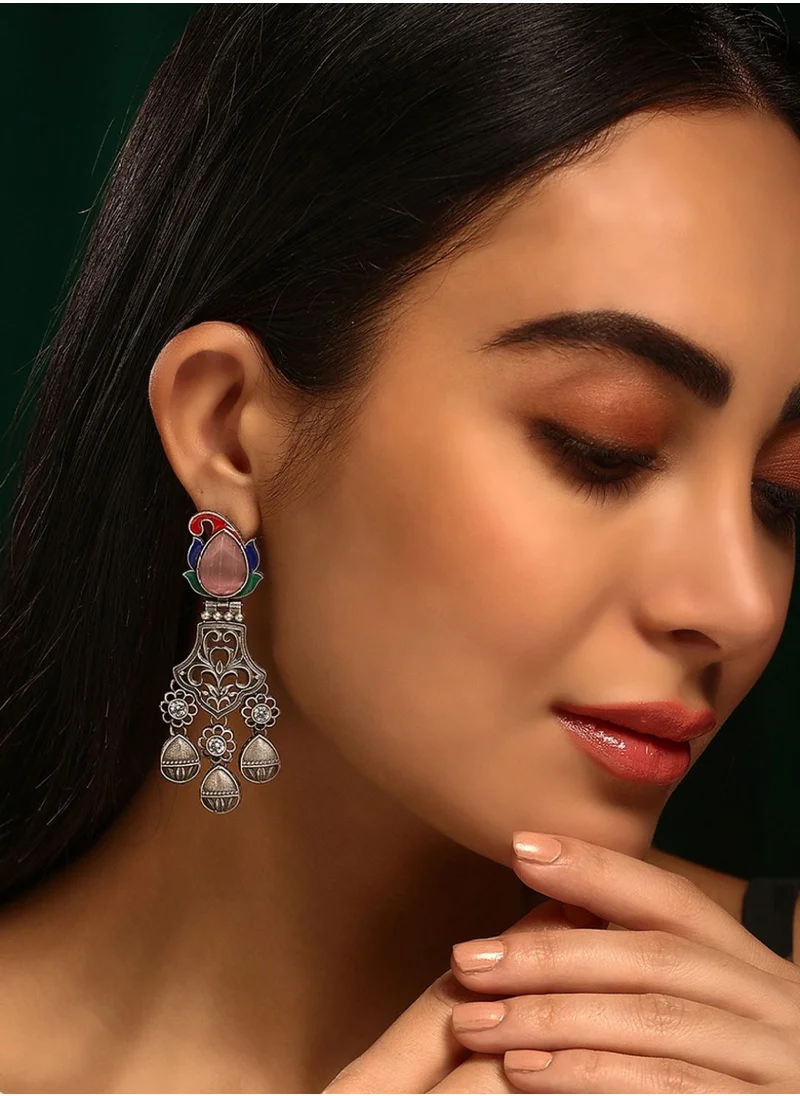 برياسي Plated Contemporary Oxidized Crystal Stone Studded Drop Earrings