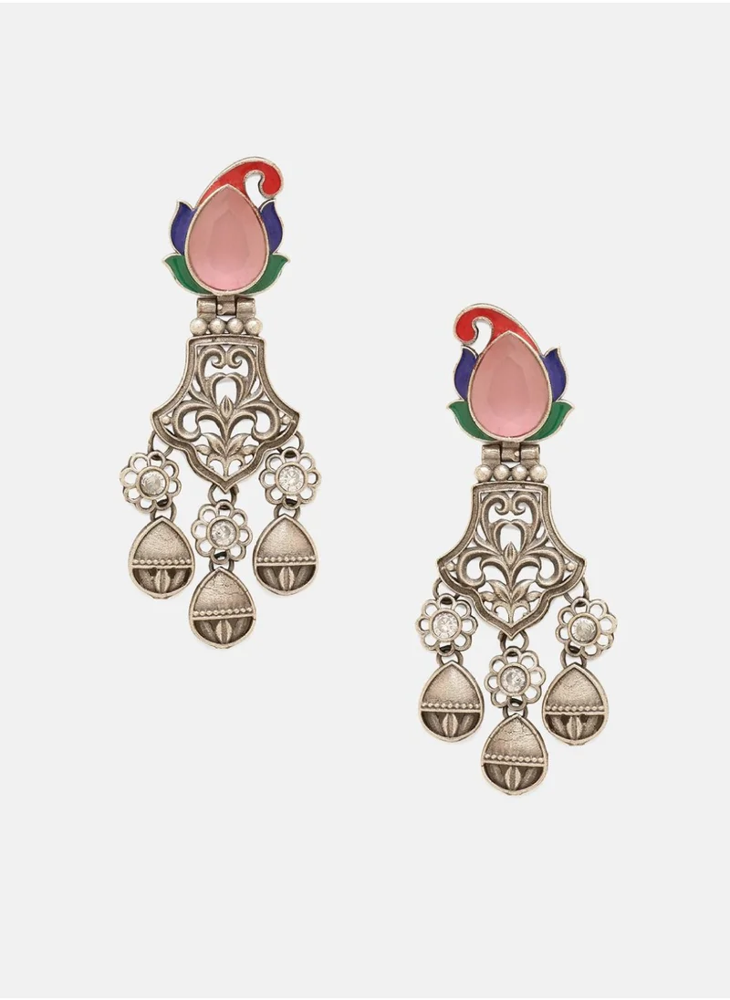 برياسي Plated Contemporary Oxidized Crystal Stone Studded Drop Earrings