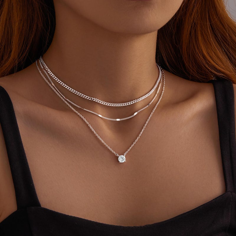 WomenGifts Layered Silver Necklaces for Women, Sterling Silver Cute Pendant Necklace Set with Dainty Cubic Zirconia, Stackable Cuban Chain Choker, Trendy Waterproof Non Tarnish Jewelry Gift - Image 4