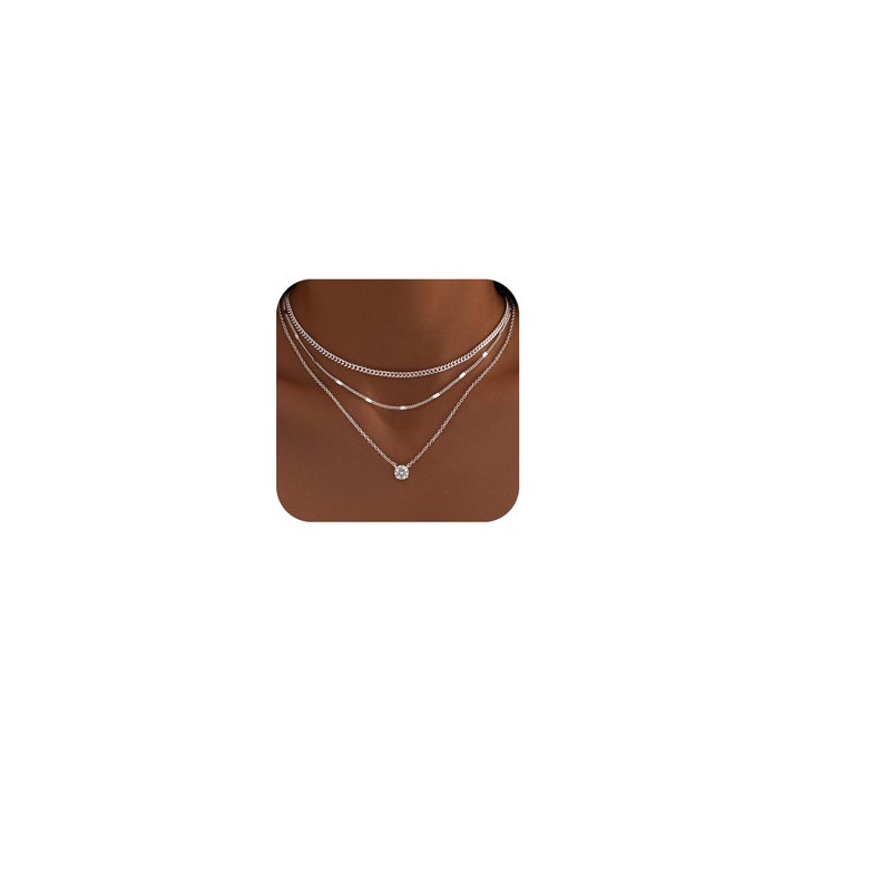 WomenGifts Layered Silver Necklaces for Women, Sterling Silver Cute Pendant Necklace Set with Dainty Cubic Zirconia, Stackable Cuban Chain Choker, Trendy Waterproof Non Tarnish Jewelry Gift - Image 1