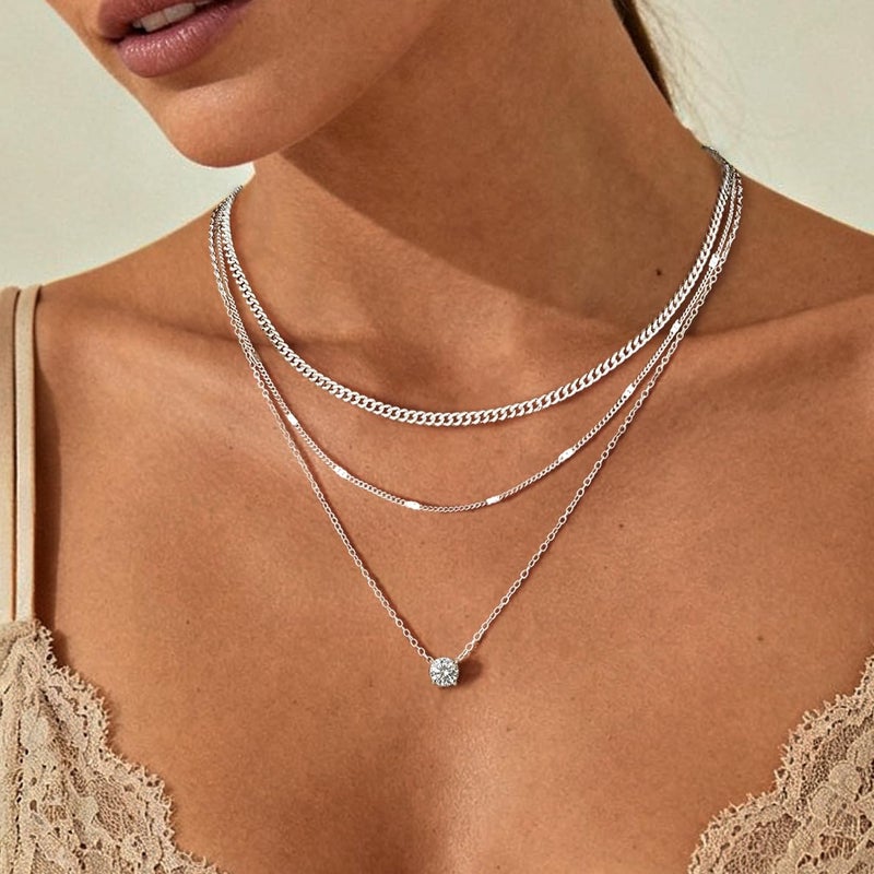 WomenGifts Layered Silver Necklaces for Women, Sterling Silver Cute Pendant Necklace Set with Dainty Cubic Zirconia, Stackable Cuban Chain Choker, Trendy Waterproof Non Tarnish Jewelry Gift - Image 3