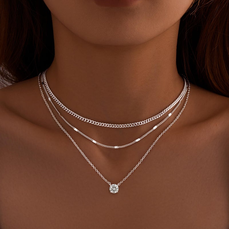 WomenGifts Layered Silver Necklaces for Women, Sterling Silver Cute Pendant Necklace Set with Dainty Cubic Zirconia, Stackable Cuban Chain Choker, Trendy Waterproof Non Tarnish Jewelry Gift - Image 2