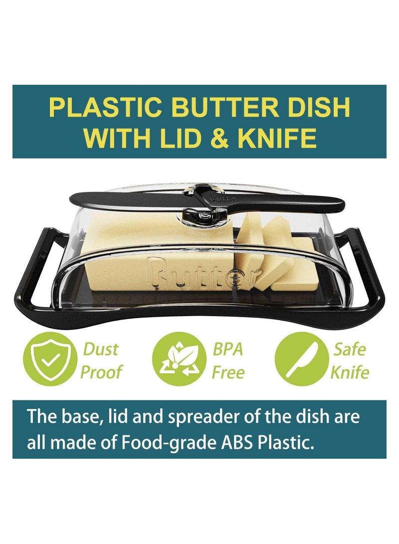 Butter Dish with Lid Knife Spreader, Butter Forks Set BPA-Free Plastic Butter Tray Container with Lid for Countertop Black Butter Dish for Refrigerator Camping Dishwasher Freezer Safe