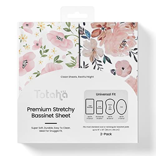 TotAha Premium Stretchy Bassinet Sheets for Baby Girl Silky Comfort Cradle Sheets Fitted 18 x 36 for Oval Rectangular Hourglass Mattress Hypoallergenic Buttery Soft 2Pack Floral Pale Pink