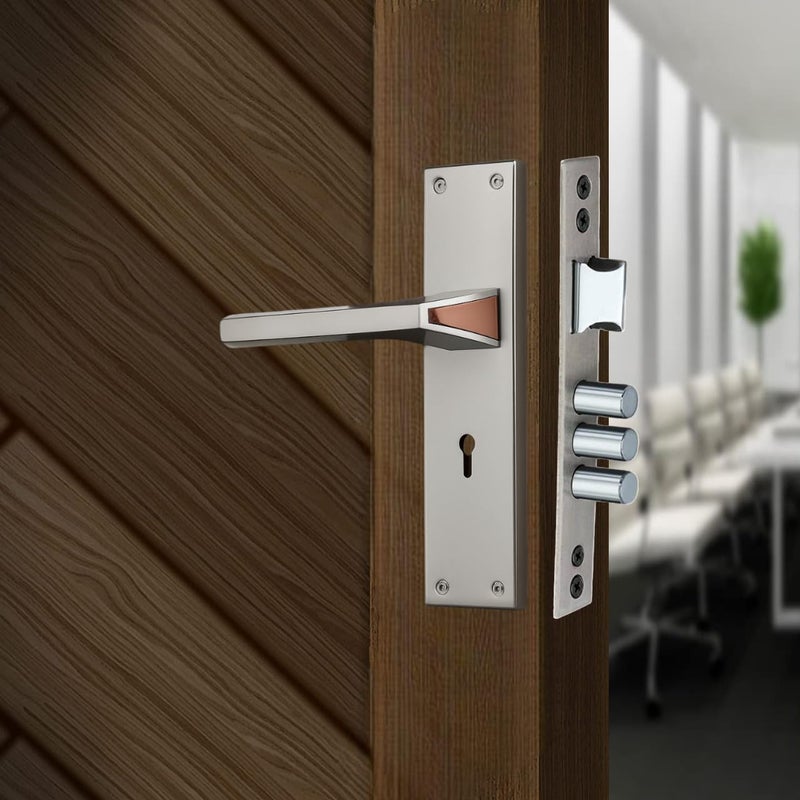 KI SHIELD مجموعة مقبض قفل الباب المتداخل | مجموعة قفل فولاذية 8 بوصة 1015 KY | آلية قفل مزدوجة 6 رافعات 65 مم | مناسبة للأبواب في غرف المعيشة وغرف النوم (تشطيب SS/ذهب وردي) - Image 2