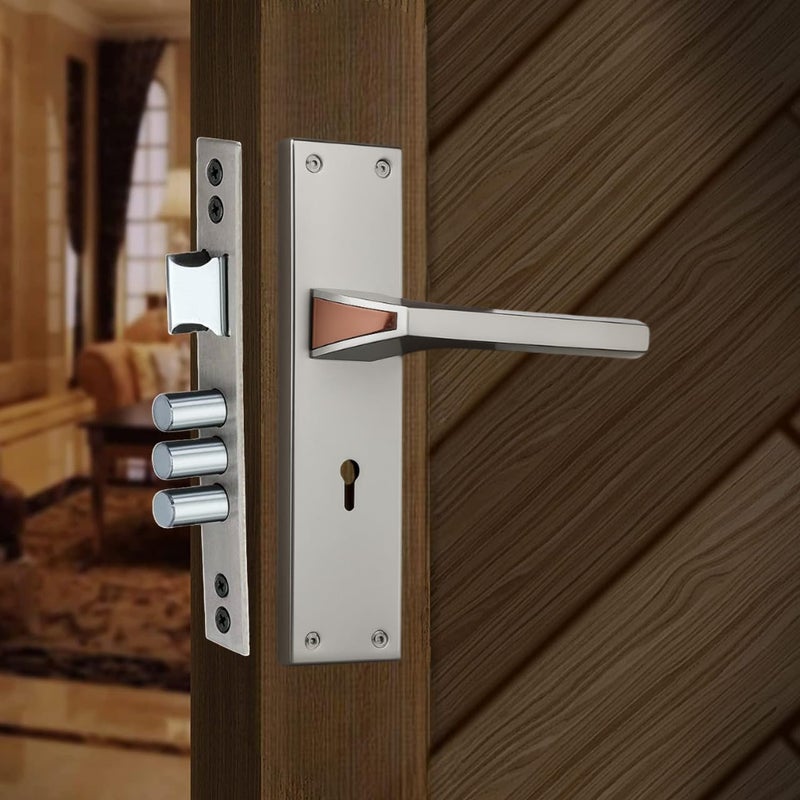 KI SHIELD مجموعة مقبض قفل الباب المتداخل | مجموعة قفل فولاذية 8 بوصة 1015 KY | آلية قفل مزدوجة 6 رافعات 65 مم | مناسبة للأبواب في غرف المعيشة وغرف النوم (تشطيب SS/ذهب وردي) - Image 1