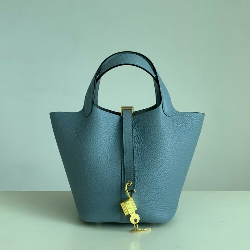 18cm Wax Line Hand Sewed TC Top Layer Cowhide Vegetable Basket Bag Bucket Bag Genuine Leather Womens Bag Handbag Flax blue 
