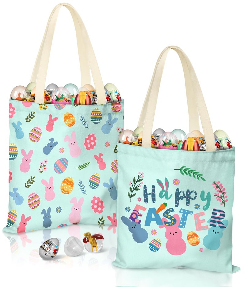 JMHACHY Easter Canvas Tote Bags for Kids 2 Pack Bunny and Egg Easter Canvas Bags with Handles Perfect for Egg Hunts Gifts and Spring Party Supplies - Image 2