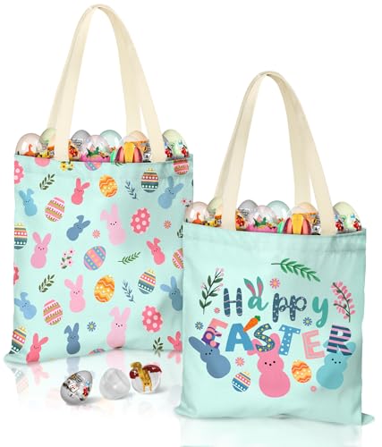 JMHACHY Easter Canvas Tote Bags for Kids 2 Pack Bunny and Egg Easter Canvas Bags with Handles Perfect for Egg Hunts Gifts and Spring Party Supplies - Image 1