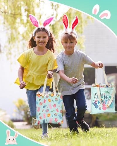 JMHACHY Easter Canvas Tote Bags for Kids 2 Pack Bunny and Egg Easter Canvas Bags with Handles Perfect for Egg Hunts Gifts and Spring Party Supplies - Image 3