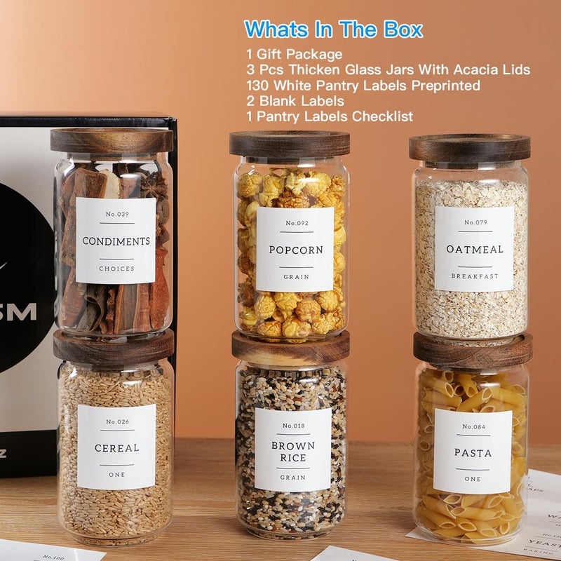 CZZGSM 6 Set Glass Pantry Storage Jars with Acacia Airtight Lid - 23oz Thicken Glass Kitchen Canisters with 132 Pantry Labels - Clear Glass Food Storage Containers with Wood Lid for Tea,Sugar,Cookie,Coffee - Image 2