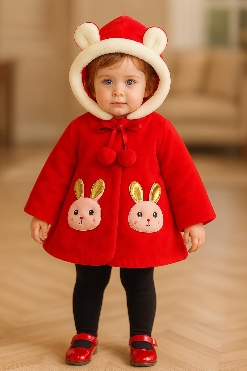 Bold N Elegant Faux Fur Warm Winter Outerwear Hooded Baby Jacket Coat Blanket with Soft Plush Golden Bunny Ear for Infant Toddler Boy Girl Kids (IN, Age, 0 Months, 6 Months, Red) - Image 3