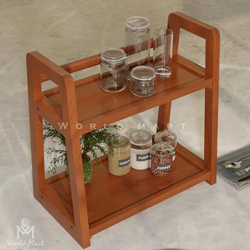 World Mart® Wooden Kitchen Counter Top Organizer | 2-Tier Multipurpose Corner Shelf Rack | Walnut Finish Storage Stand for Spices, Oils, Makeup, Office & Home | Easy DIY Assembly | 18x18x11 Inches - Image 4